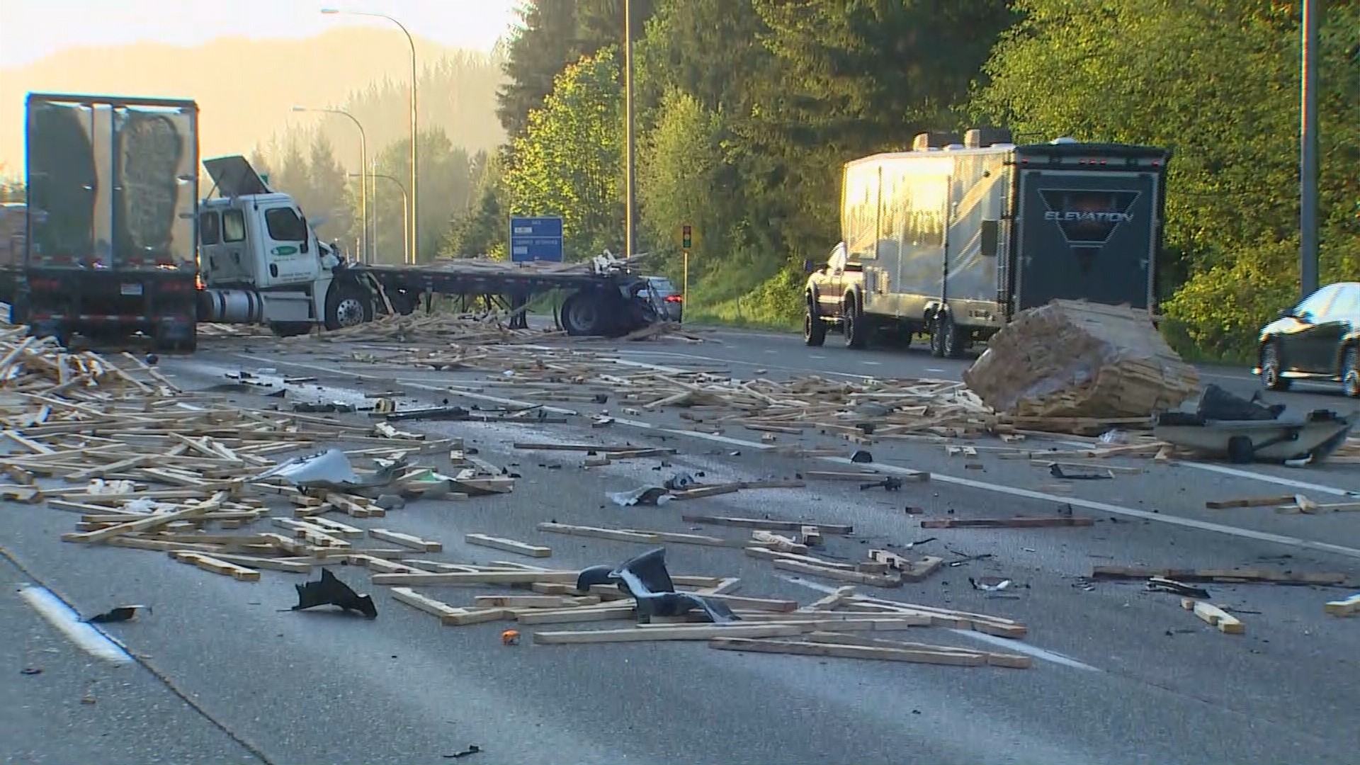 Semi Truck Crash Spills Lumber Across Eastbound I-90 | Krem.com