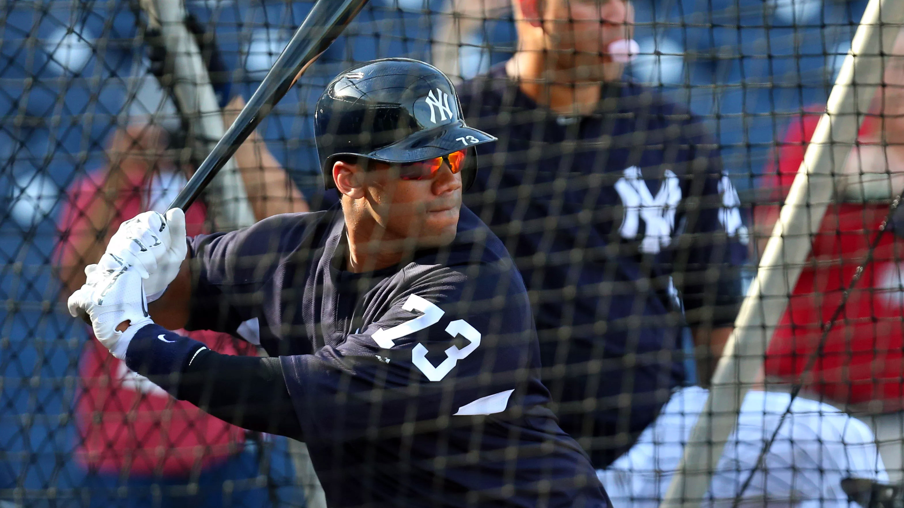 Seattle Seahawks quarterback Russell Wilson (73) waits to bat during New  York Yankees batting practice before a baseball spring exhibition game  against the Detroit Tigers, Wednesday, Feb. 28, 2018, in Tampa, Fla. (